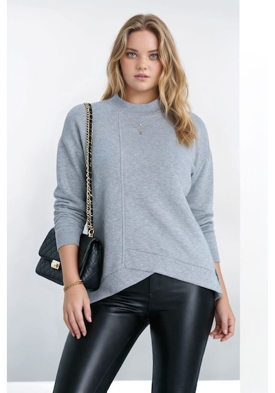 Mamayaga Kadın Yarım Dik Yaka Asimetrik Kesim Uzun Kol Büyük Beden Curve Sweatshirt Gri