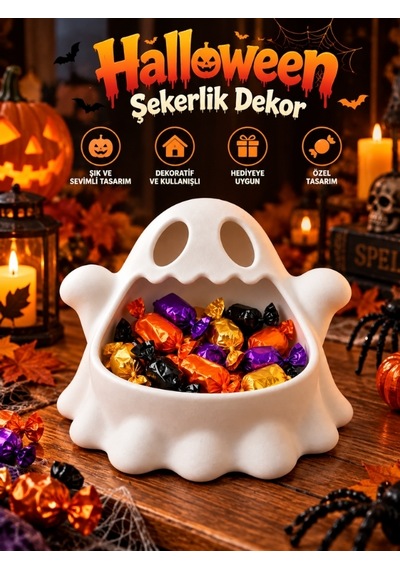 Halloween Cadılar Bayramı Dekoratif Hayalet Şekerlik Kase Masa Üstü Dekor