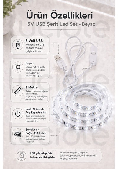 5v Usb Şerit Led 1 Metre Beyaz Işık Anahtarlı Powerbank Uyumlu Tezgah Altı Dekoratif Led