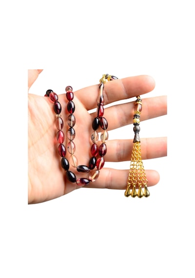 Burhan Sağlam Arpa Kesim 11 x 7 MM Ateş Kehribar Alpaka Püsküllü Tesbih Çok Renkli 47230304
