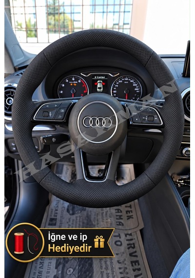 Audi A4 B9 Dikme Direksiyon Kılıfı Premium Komple Delikli Deri Siyah Dikiş 2016-2019