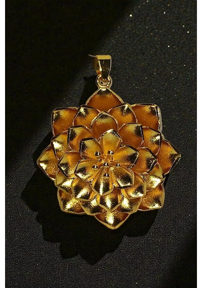 22 Ayar Altın Kaplama Lotus Çiçeği Madalyon Kolye Ucu 5 Cm Gold