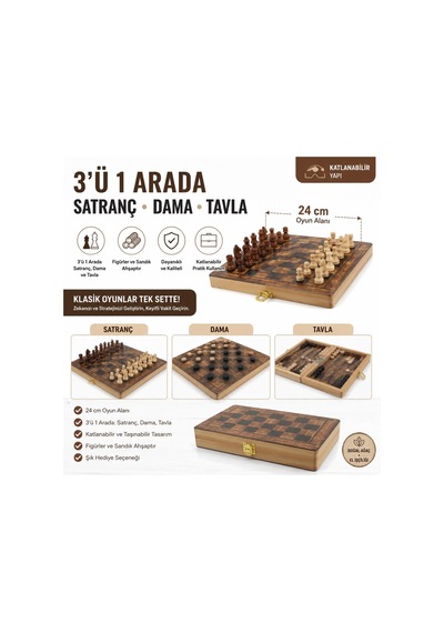 Lüks Ahşap 3ü 1 Arada Satranç Dama Tavla Seti Katlanabilir Kilitli Oyun & Eğlence Takımı 24 Cm