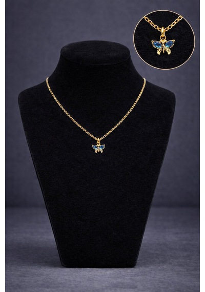 Minimal Gold Renk Mavi Taşlı Kelebek Kolye