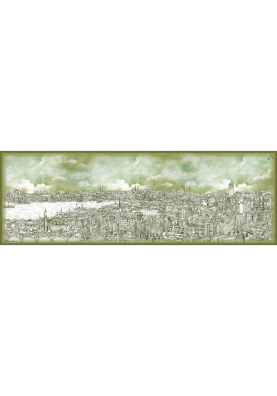 Poanes İstanbul Desenli Krep İpek Şal Haki Yeşili