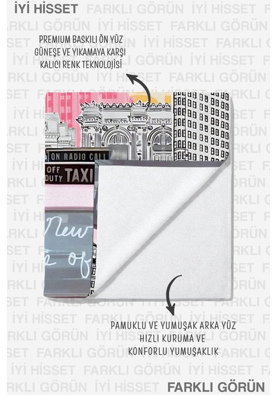 New York Şehir Temalı Modern Plaj Havlusu - Urban Retro Pembe Sarı Hızlı Kuruyan Mikrofiber Havlu Donuk Çayı