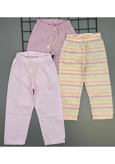 Poppy Trend Kız Çocuk Desenli 3 Lü Paket Gündelik Rahat Pantolon Seti 2-7 Yaş Pembe-pudra-a.pembe
