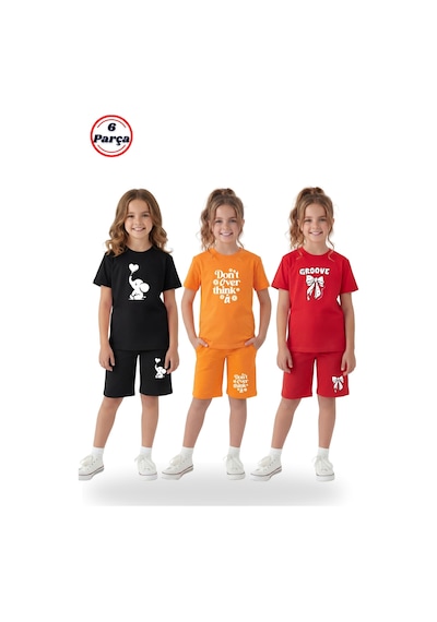 Fyk Kids 3'lü Yuvarlak Yaka Tişört Renkli Kapri Baskı Detaylı 6 Parça Kız Çocuk Alt Üst Takım Siyah - Kırmızı