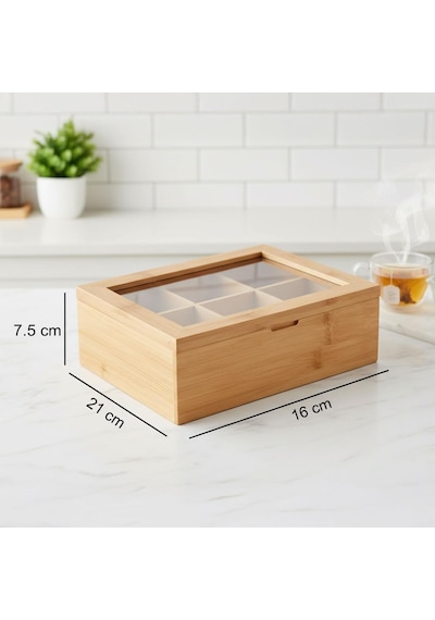 Bambu 6 Bölmeli Çay Kutusu -%100 Orjinal Bambu Mıknatıslı Kapak 21x16,5 X7cm