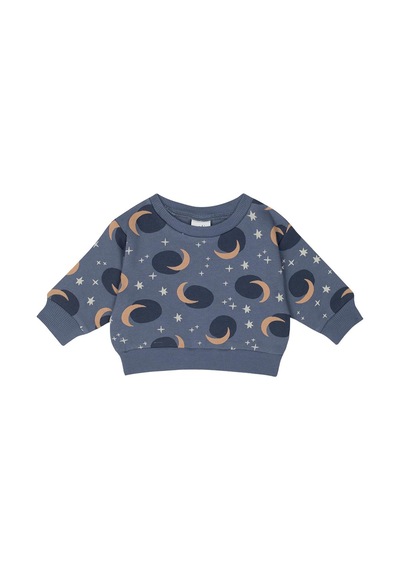Antebies Organik Gots Sertifikalı Yıldızlı Gece Desenli, Uzun Kollu, Ribanalı Bebek Sweatshirtü Mavi