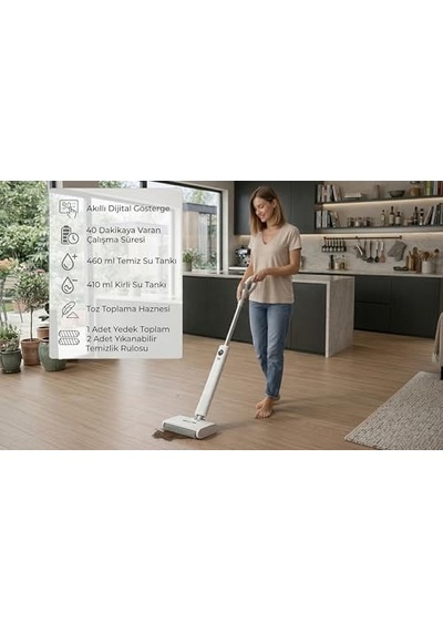 Eo-tech Dw200 Kablosuz Şarjlı Mop Kuru/ıslak Mod Kolay Temizlik Kendini Temizleme Türkçe Ses Bildirimi Açık Bej