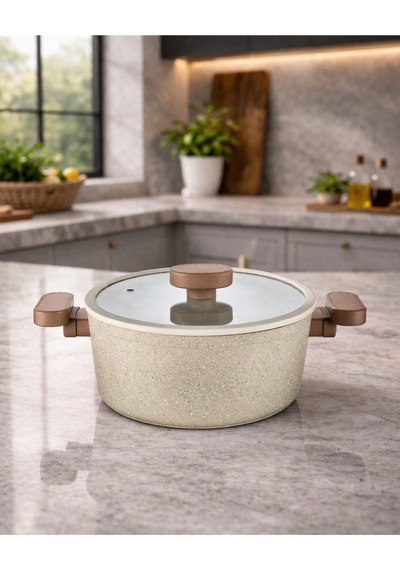 Valeria 24 cm Granit Derin Tencere Silikon Kenarlı Cam Kapak - Cappucino