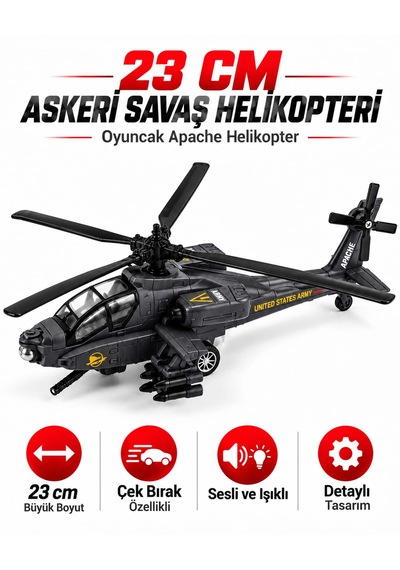 Oyuncak Helikopter Metal Sesli Işıklı Çek Bırak Askeri Savaş Apaçi Apache Helicopter Diecast Model 23 Cm