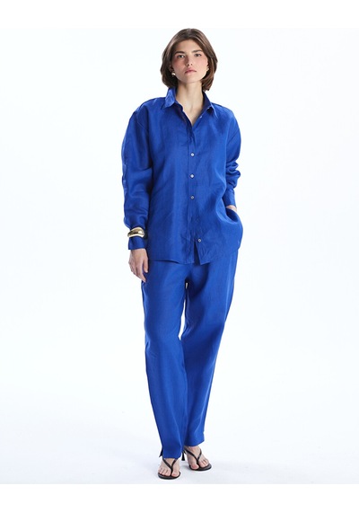 Lcw Vision Mavi Oversize %100 Keten Kadın Gömlek