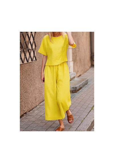 Butik İstanbul Kadın Kısa Kollu Kayık Yakalı Bluz Ve Pantolon Ikili Takım Sarı