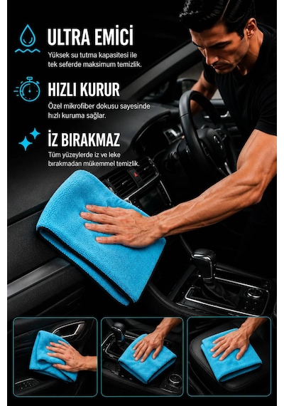 Mikrofiber Araç Kurulama Havlusu 50x70 Cm 600 Gsm Ultra Emici Oto Kurulama Bezi Çizmeyen Siyah Overlok Kenarlı