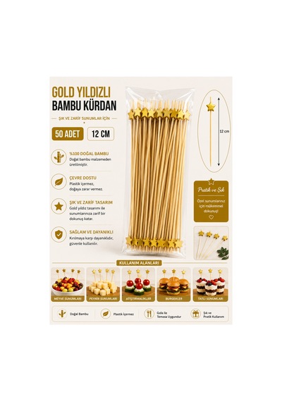 Gold Yıldızlı Bambu Kürdan 12 Cm 50 Adet - 913958677