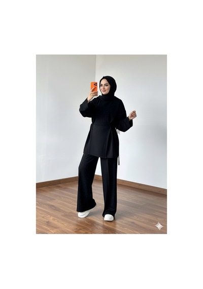 Unika Boutique Siyah Taşlı Tesettür İkili Takım / Modal Kumaş Rahat Kesim