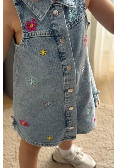 Boyboy Kidswear Kız Çocuk Çiçek Nakışlı Denim Elbise Mavi Kot Mavisi