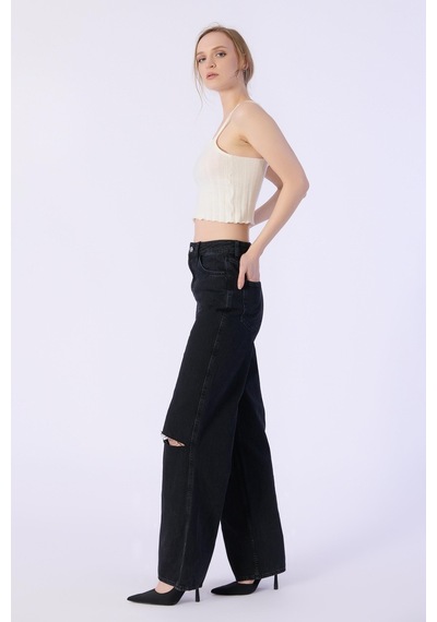 Yüksek Bel Wide Leg Dizler Lazerlı Jeans-siyah Siyah