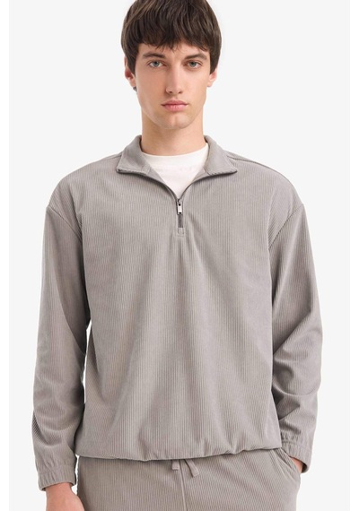 Defacto Boxy Fit Dik Yaka Fermuarlı Kadife Sweatshirt E9364ax25augr454 Gri