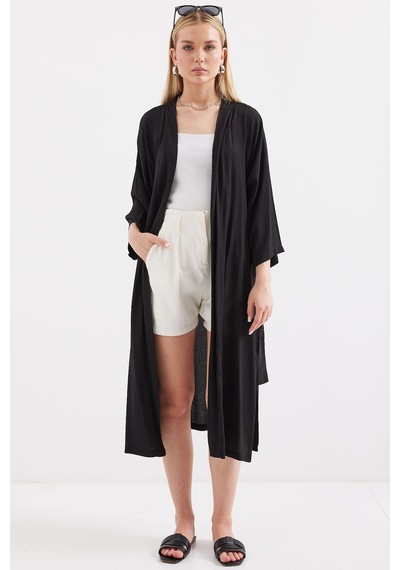 Bigdart 5835 Yırtmaçlı Yazlık Kimono - Siyah 001