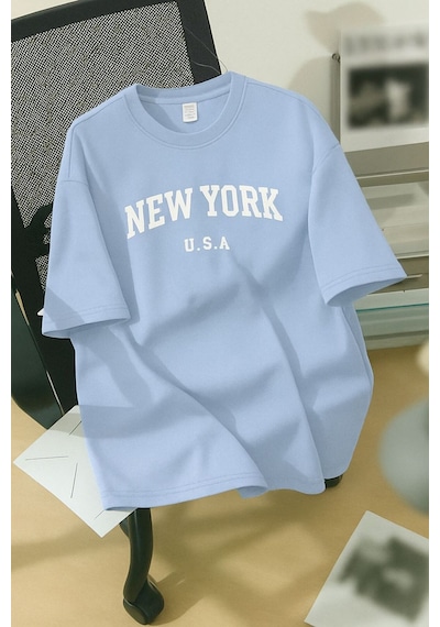 New York U.s.a. Baskılı Unisex Tişört Bebe Mavisi