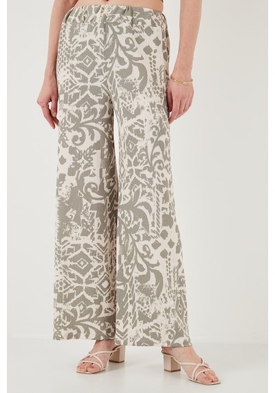 Lela Desenli Standart Fit Yüksek Bel Geniş Paça Bayan Pantolon 5869019 Olive