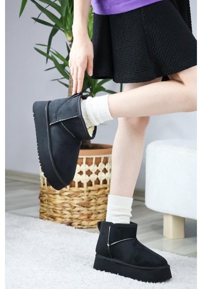 Asmi Shoes Kadın Pavro Süet İçi Kürklü Kalın Taban 4.5 Cm Mini Kısa Bot Siyah Siyah
