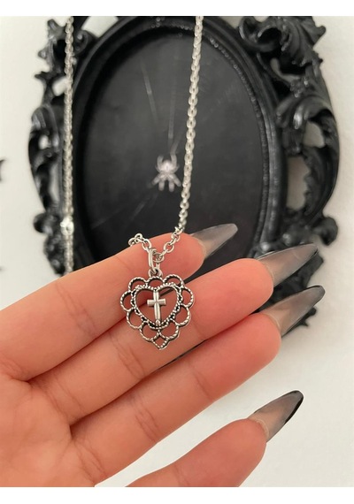 Gothic Cross Heart Kolye Gümüş