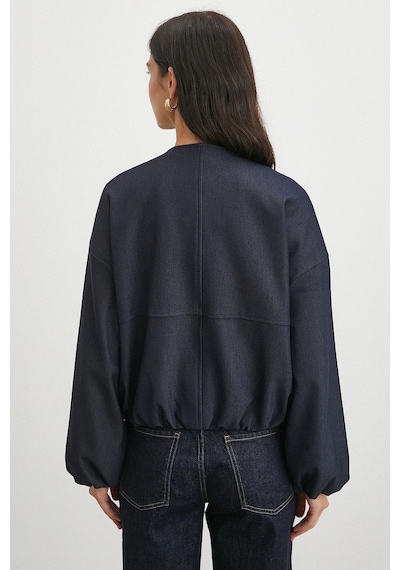 Beli Lastikli Fermuarlı Denim Görünümlü Bomber Ceket Lacivert Lacivert