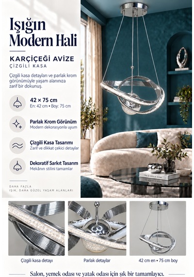 Karçiçegi Büyük Modern Ledli Avize Çizgili 3 Renk Power Ledli Krom Kaplama Yatak Odası Salon Mutfak
