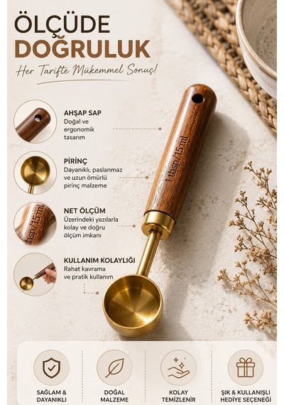 15 Ml Ahşap Saplı Gold Kahve Ölçü Kaşığı Paslanmaz Çelik Kahve Çay Mama Ölçme Kaşığı Altın