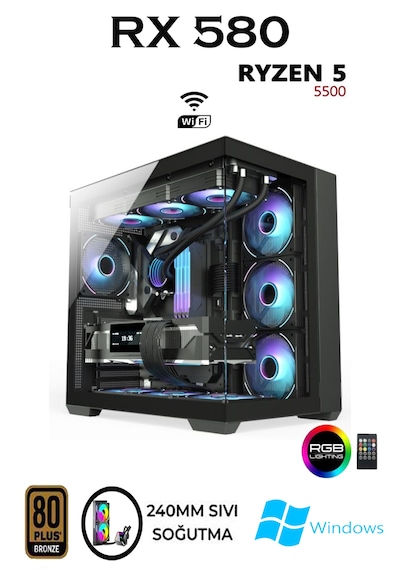 Apphirex Rebirth X50 R5-5500 32 GB 1 TB M2 RX580 8 GB W10P Masaüstü Bilgisayar