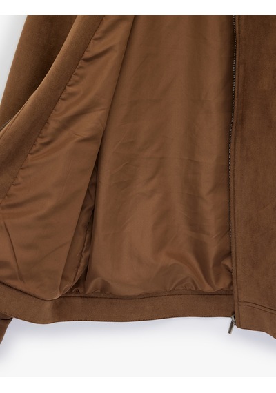 Koton Uzun Kollu Dik Yaka Cepli Fermuarlı Slim Fit Kahverengi Suni Süet Bomber Ceket Bej 6sam20026hw Ekru