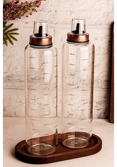 Bottle - 3 Parça Ahşap Standlı Damlatmaz 1 Lt Cam Yağdanlık Borosilikat Yağlık Sirkelik 1000ml SNPBOTTLEBKR3