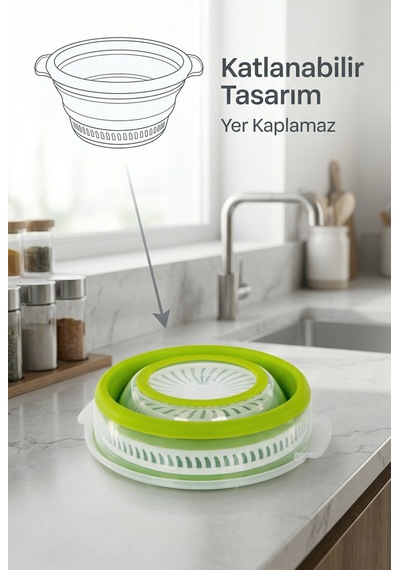 Katlanabilir Salata Kurutucu - Süzgeç Ve Kase Seti - 3 Ü 1 Arada 4.5 Litre Yeşil