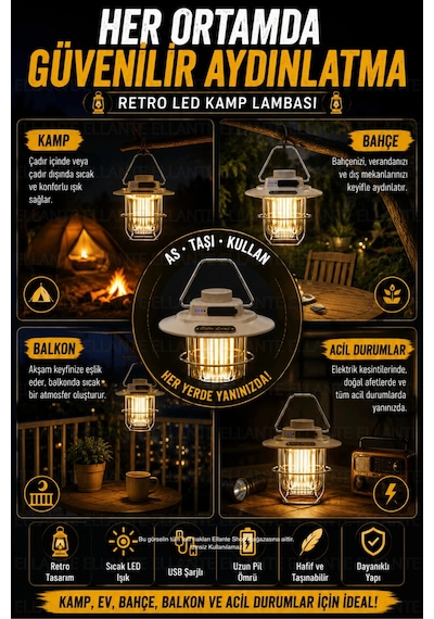 Retro Led Kamp Lambası Usb Şarjlı Taşınabilir Nostaljik Fener Ayarlanabilir Parlaklık Kamp Bahçe Bal Çok Renkli