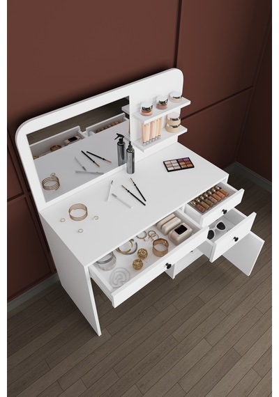 Modern Çekmeceli Aynalı Makyaj Masası %100 Mdf Takı Düzenleyici Dolap Mam02 Beyaz