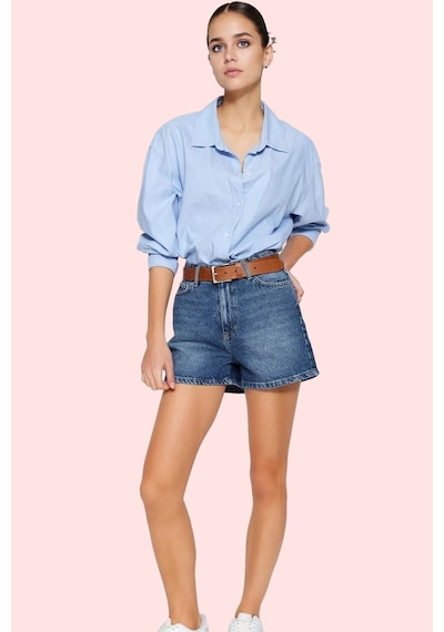 Ersefa Kadın Pamuklu Denim Şort City Short Kalıp Mom Siluet Rahat Günlük Koyu Mavi