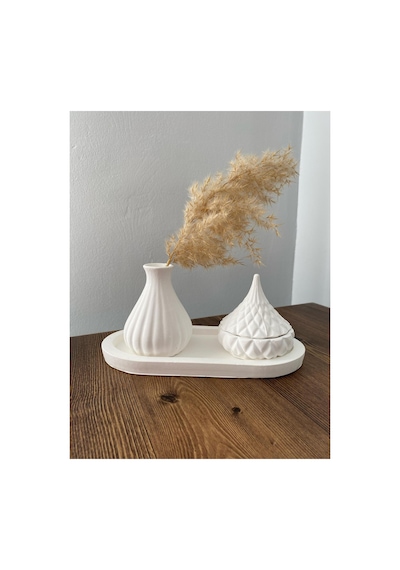 Vazo Minimalist Tasarım Düz Standlı Beyaz Vazo Ve Kapaklı Mum Seti El Yapımı Beyaz