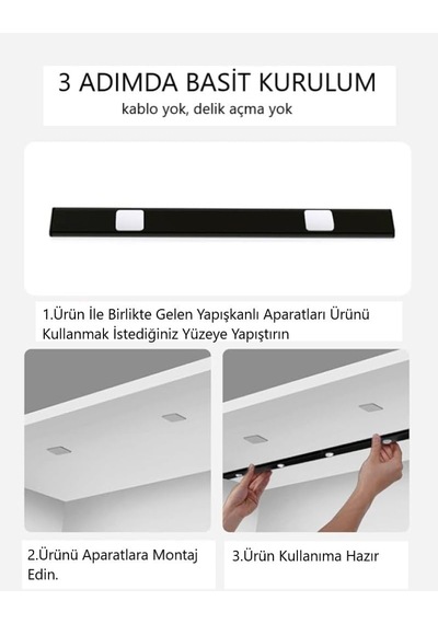 40cm Harekete Duyarlı Led İnsan Vücudu Sensörlü Usb Sarj Taşınabilir Kablosuz Mutfak Elbise Dol 3 Adet 40cm