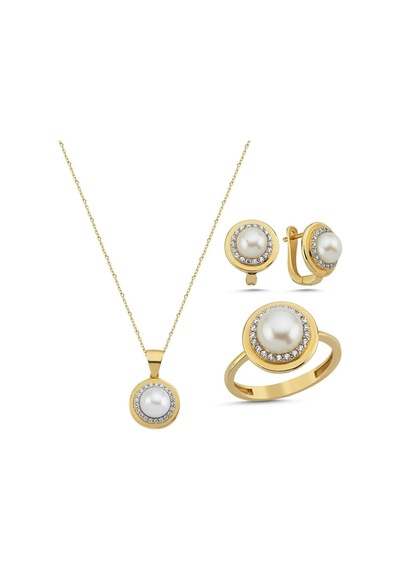 Doğal İnci Küpe Kolye Yüzük Üçlü Set - 20 / Sarı 96784998