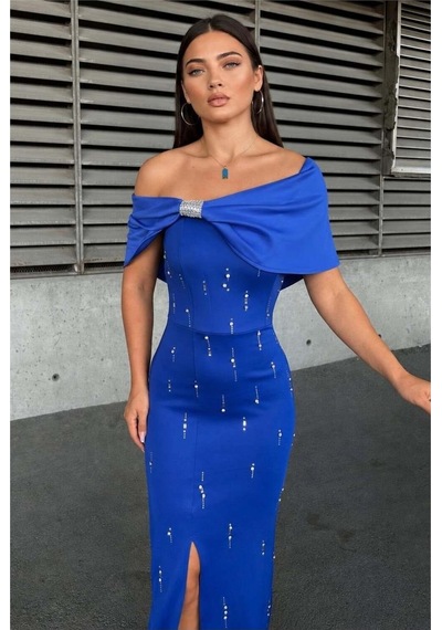 Lior Design Kadın Trend Dik Yaka Taş Detaylı Maxi Abiye Elbise Saks