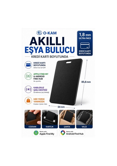 Akıllı Cüzdan Bulucu Kredi Kartı Boyutunda Aircard Kablosuz Şarj Apple Uyumlu & Android Ok110