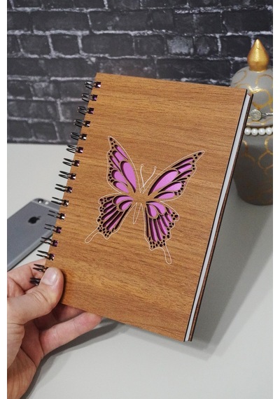 Kelebek Desenli Ahşap Defte Resim Defteri - Günlük - Çizgisiz Defter Ahşap Rengi Ceviz A5 Notebook