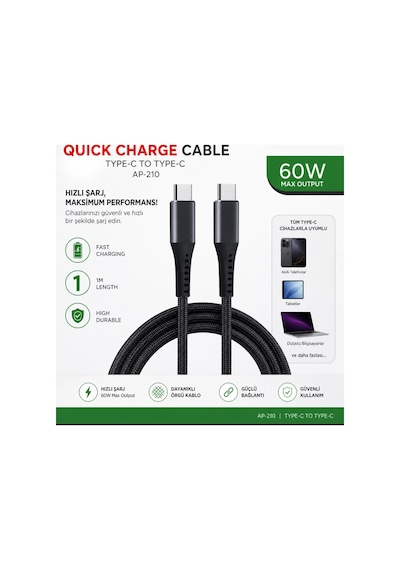 Ap-210 Quick Charge Cable Type C To Type C 60w Hızlı Şarj Kablosu 1 Metre Usb C Kablo Fast Charging