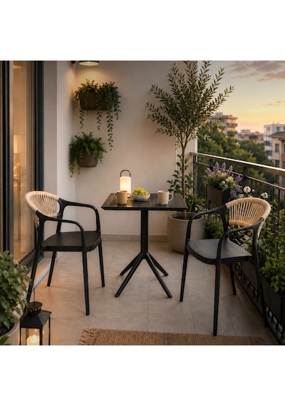 Sole Rattan İpli Balkon Ve Kafe Sandalyesi 2'li Set Bahçe Sandalyesi Siyah