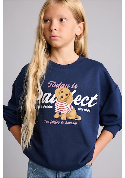 Defacto Relax Fıt Bisiklet Yaka Hayvan Desenli Sweatshirt Kız Çocuk I4159a826aunv244 Lacivert-nv244