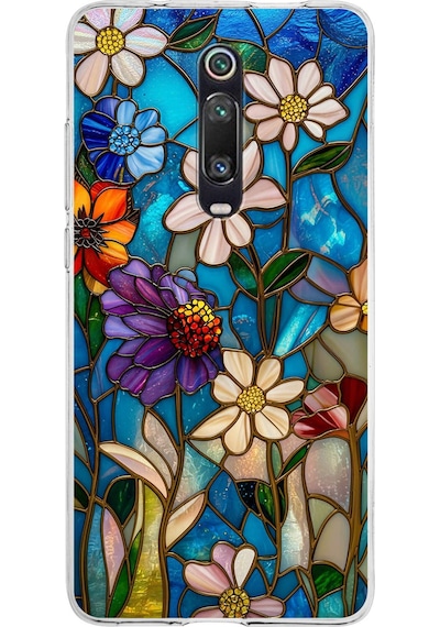 Printify Xiaomi Mi 9t İle Uyumlu Vitray Mavi Bahar Tasarımlı Şeffaf Silikon Kılıf Şeffaf